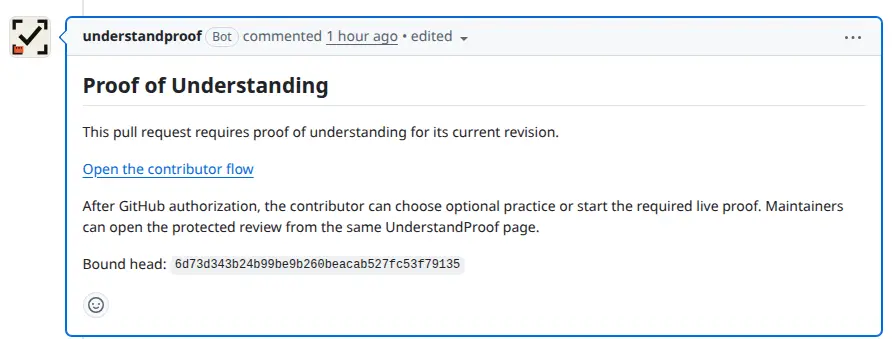 GitHub pull request comment from the UnderstandProof app, including its avatar and contributor-flow link